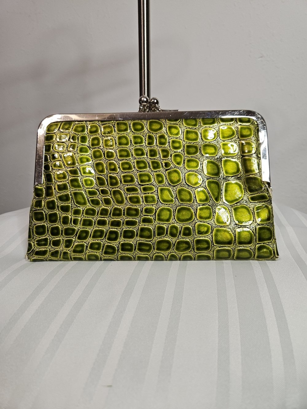 Vintage Green Reptile Texture Print Clutch Wallet Organizer Leather Silver Tone